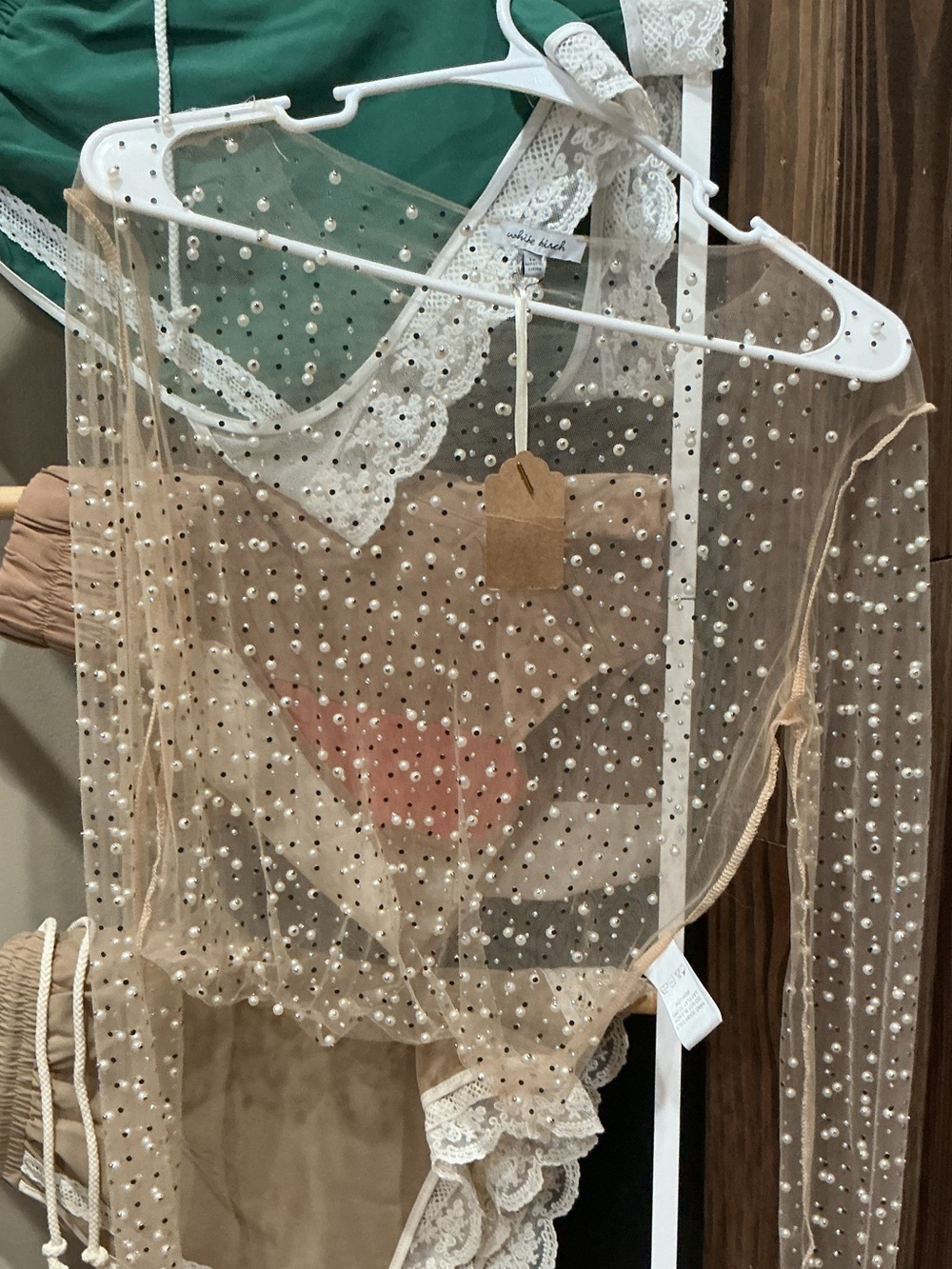 white birch Nude Pearl-Embellished Sheer Bandeau Top